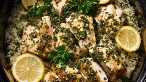 Slow Cooker Lemon Herb Chicken and Rice in crockpot