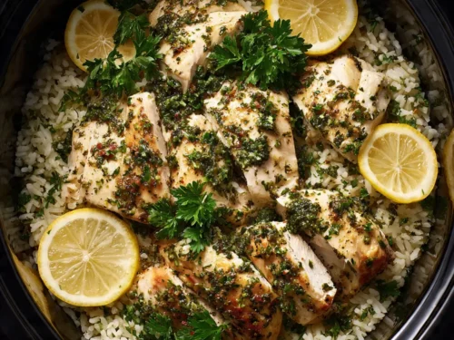 Slow Cooker Lemon Herb Chicken and Rice in crockpot