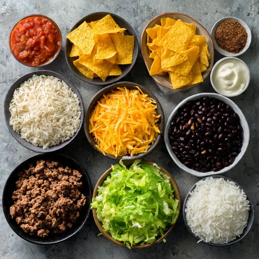 Ingredients for taco rice bowl with Doritos recipe