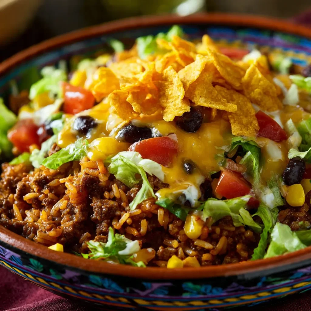 Served taco rice bowl with Doritos, cheese, lettuce, salsa, beans and corn