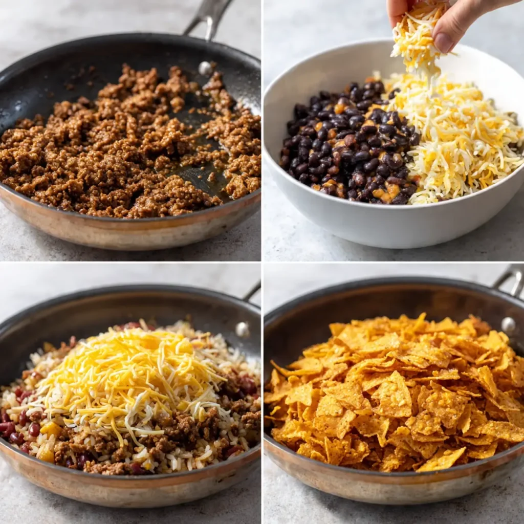 Cooking steps for taco rice bowl with Doritos