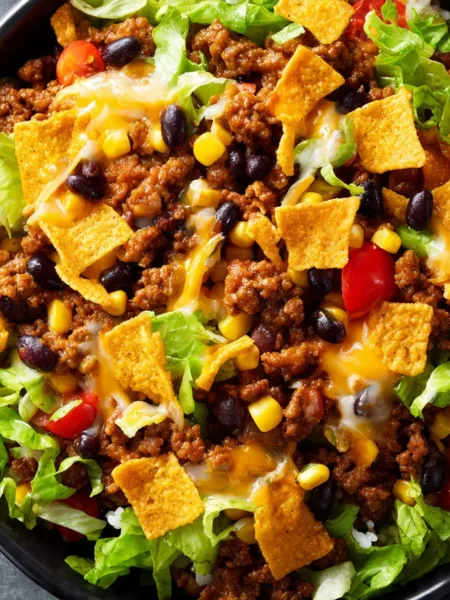 Taco Rice Bowl with Doritos Recipe with beef, rice, corn, lettuce, and melted cheese