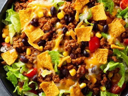 Taco Rice Bowl with Doritos Recipe with beef, rice, corn, lettuce, and melted cheese