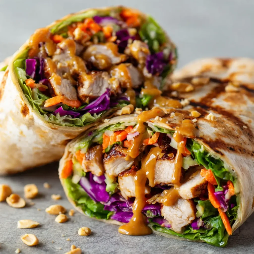 Thai Peanut Chicken Wraps Dinner Idea with Fresh Veggies