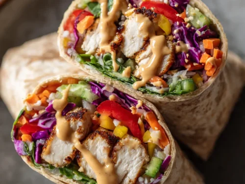 Thai Peanut Chicken Wraps with peanut sauce