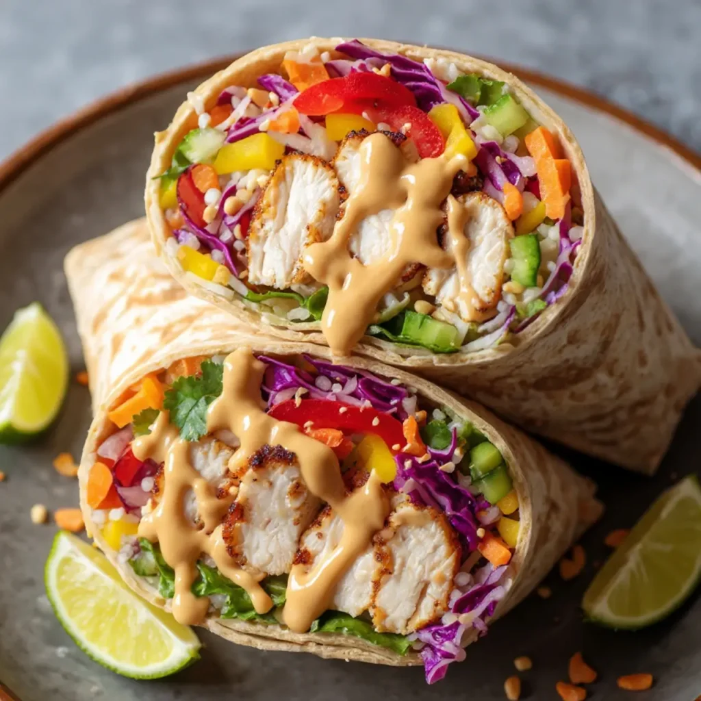 Served Thai Peanut Chicken Wraps with garnishes