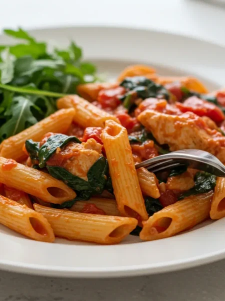Tomato Spinach Chicken Pasta in a rustic bowl