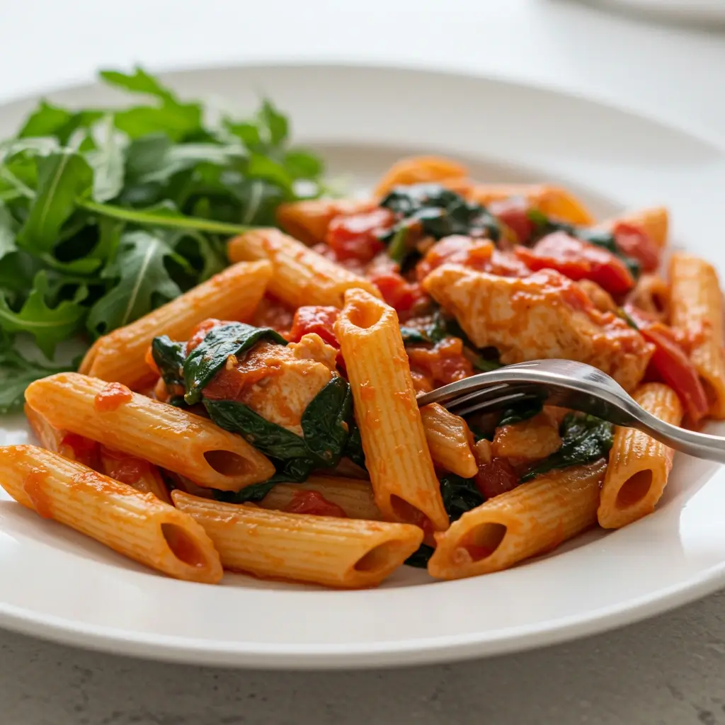 Tomato Spinach Chicken Pasta in a rustic bowl