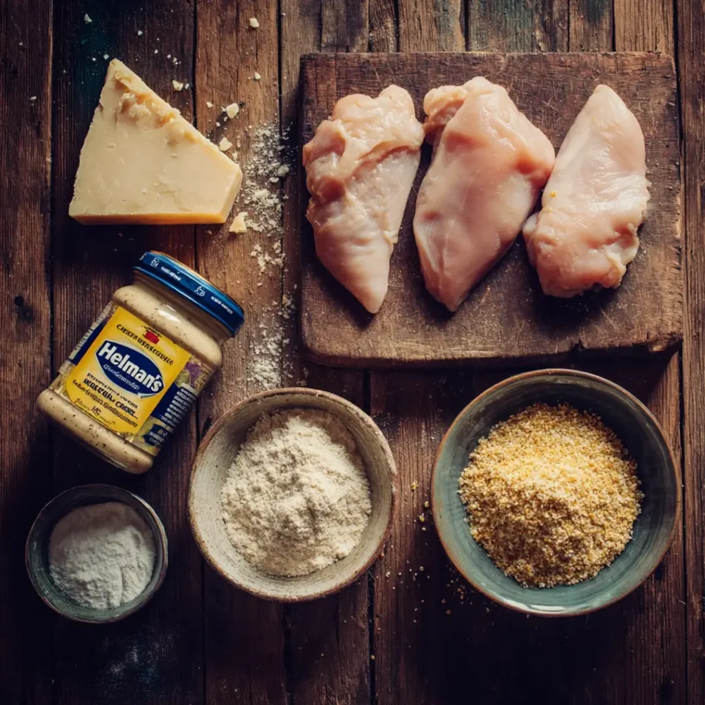 Hellmann’s Parmesan Crusted Chicken Recipe – So Easy, It Feels Like Magic 7 Ingredients for Hellmann’s Parmesan Crusted Chicken including mayo, Parmesan, chicken breasts, and breadcrumbs