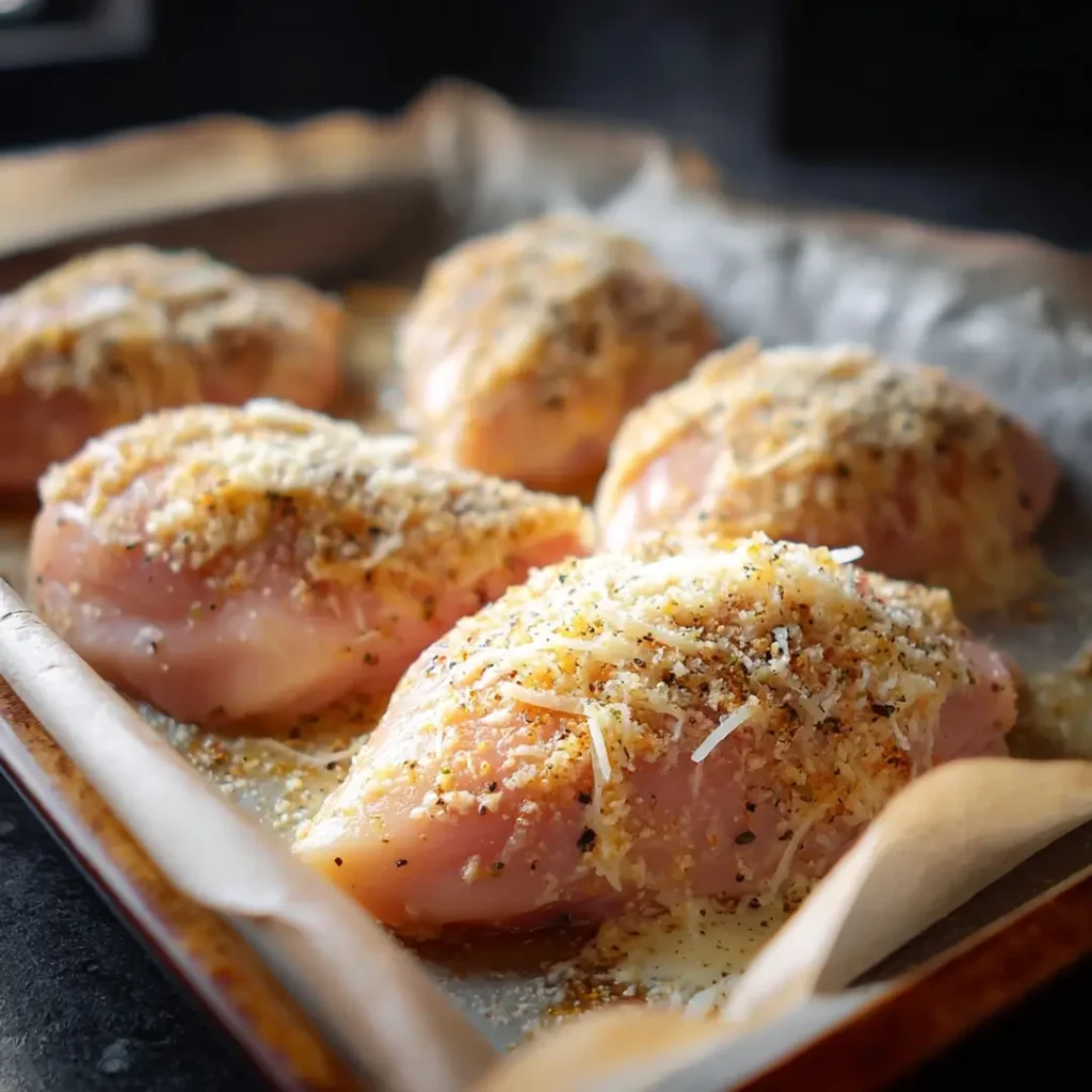 Hellmann’s Parmesan Crusted Chicken Recipe – So Easy, It Feels Like Magic 8 Chicken breasts coated with Hellmann’s Parmesan mixture on a parchment-lined baking tray