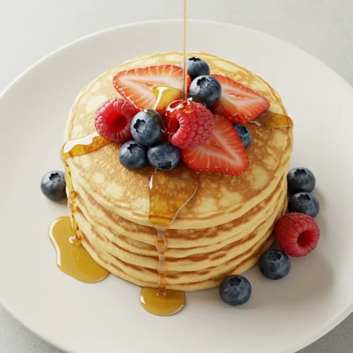 Fluffy pancakes with fresh berries and syrup drizzle
