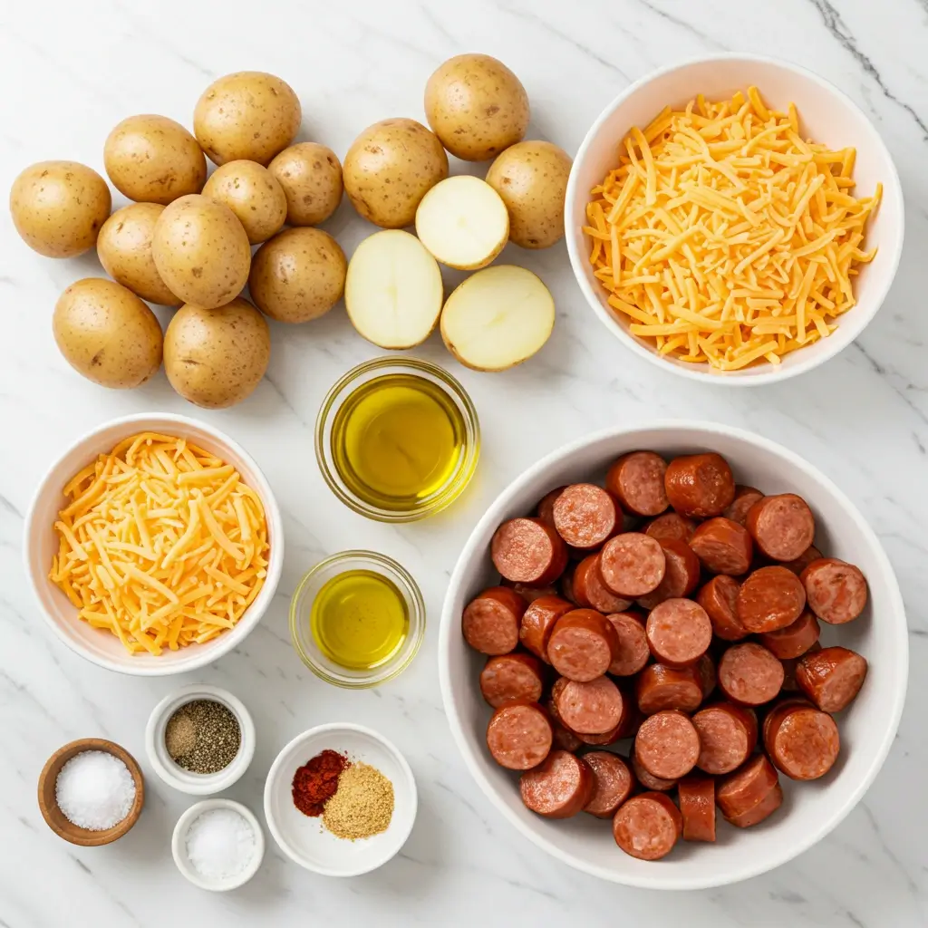 Ingredients for cheesy ranch potatoes and smoked sausage recipe
