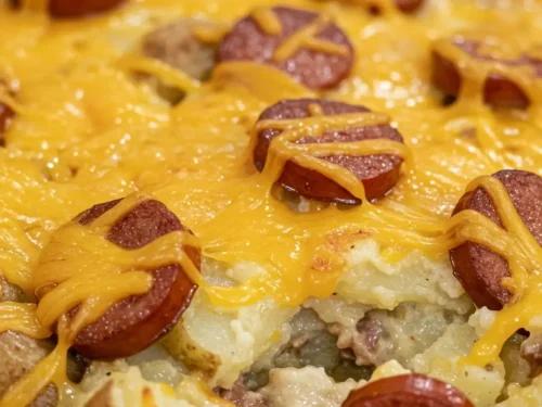 Cheesy ranch potatoes and smoked sausage baked in one pan