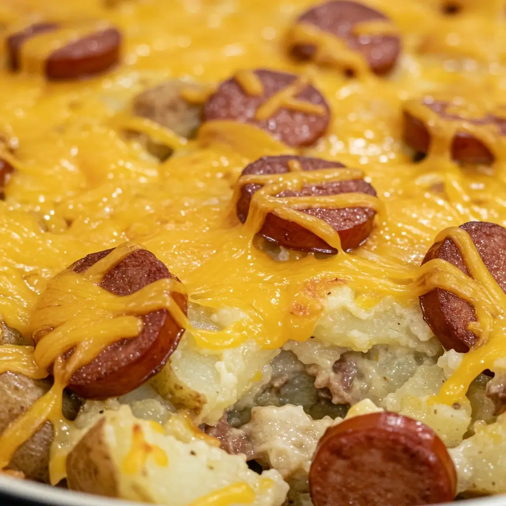 Cheesy ranch potatoes and smoked sausage baked in one pan
