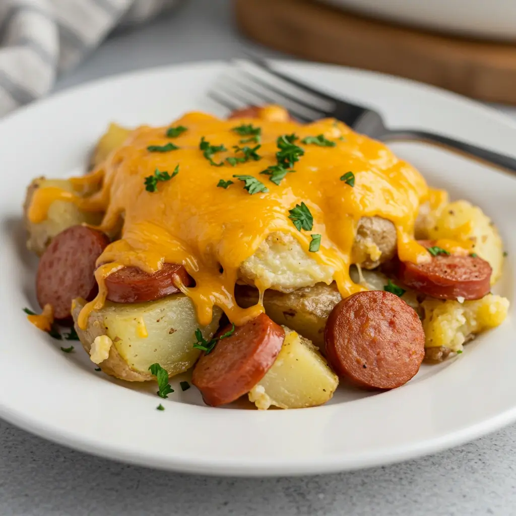 Cheesy ranch potatoes and sausage served on dinner table