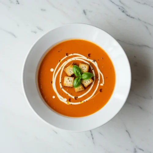 Bowl of homemade tomato soup with cream swirl and croutons.