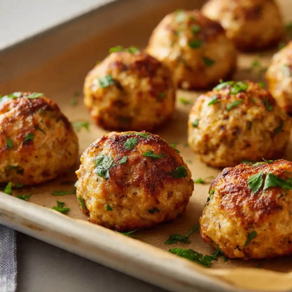 Baked Greek turkey meatballs on tray