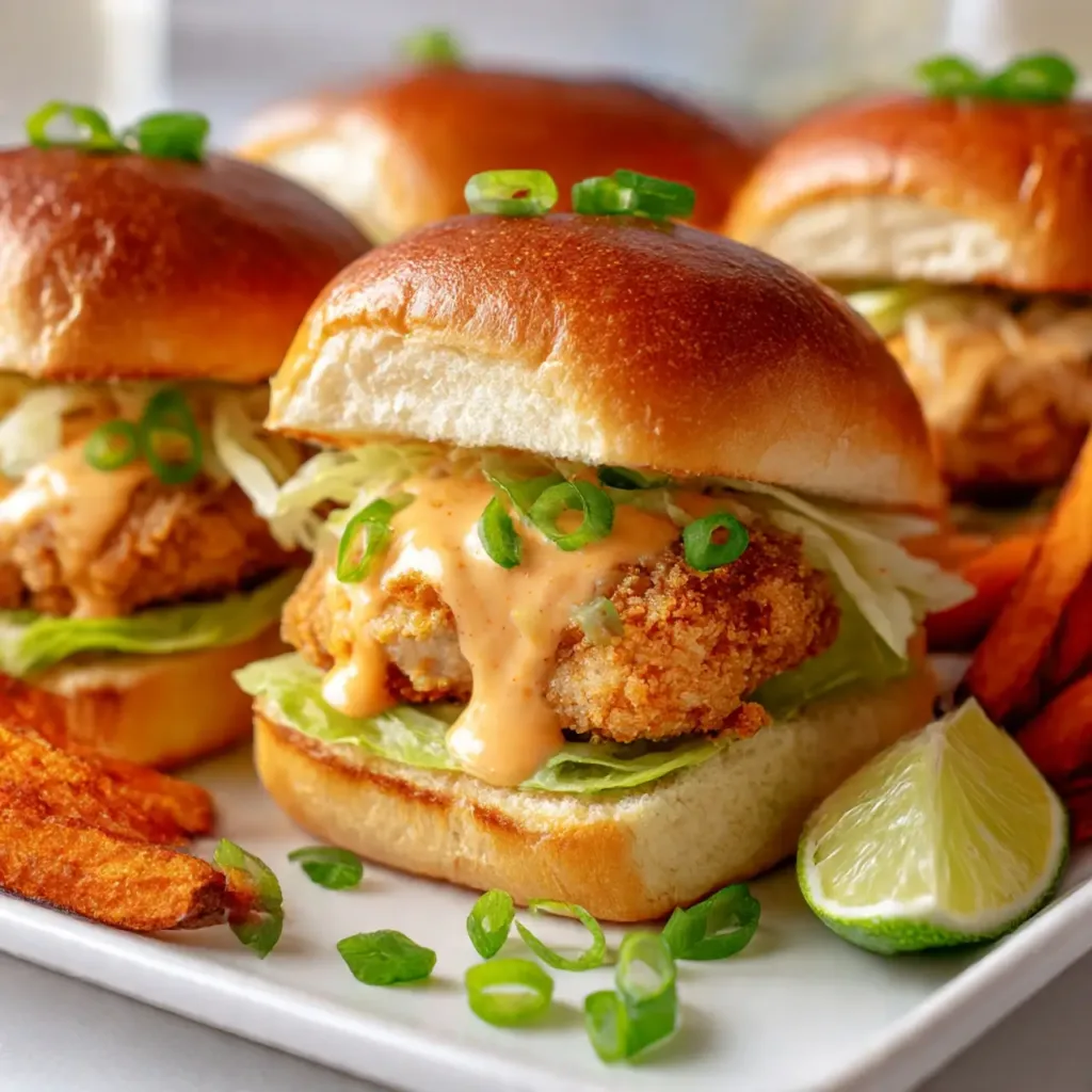 Bang Bang Chicken Sliders on a wooden tray with sauce and fries
