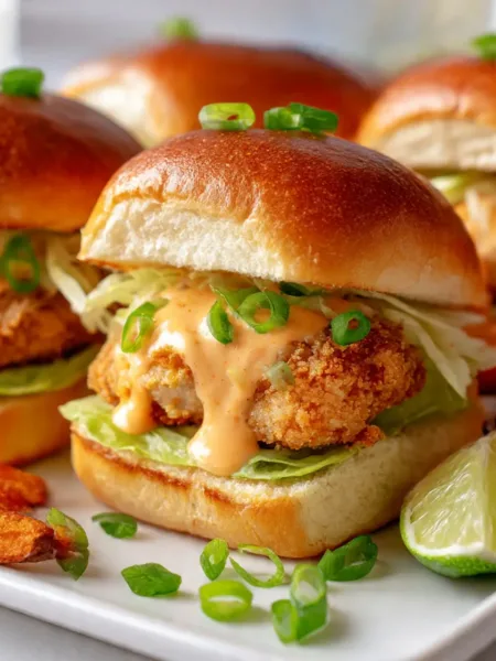 Bang Bang Chicken Sliders on a wooden tray with sauce and fries