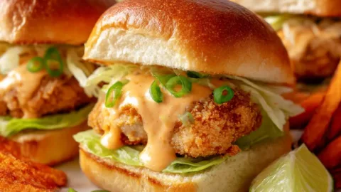 Bang Bang Chicken Sliders on a wooden tray with sauce and fries