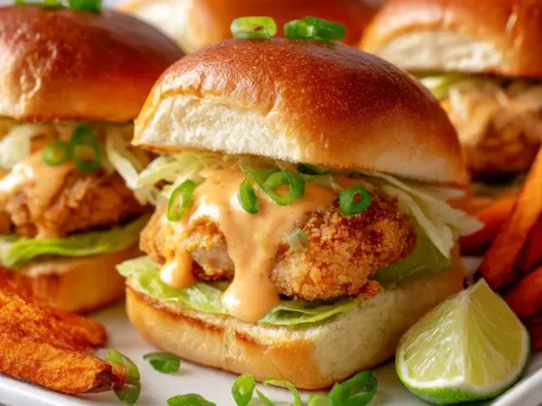 Bang Bang Chicken Sliders on a wooden tray with sauce and fries