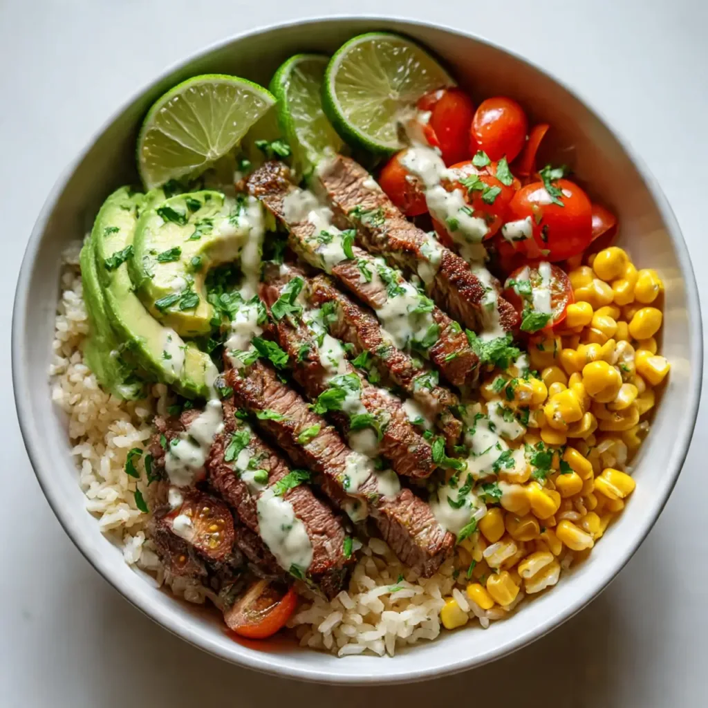 Cilantro lime steak bowl with colorful toppings