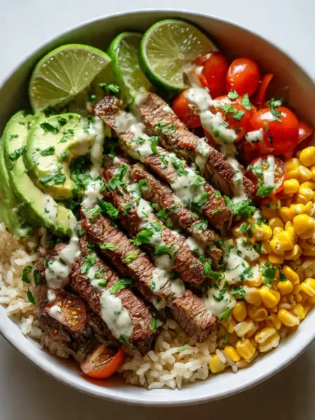 Cilantro lime steak bowl with colorful toppings