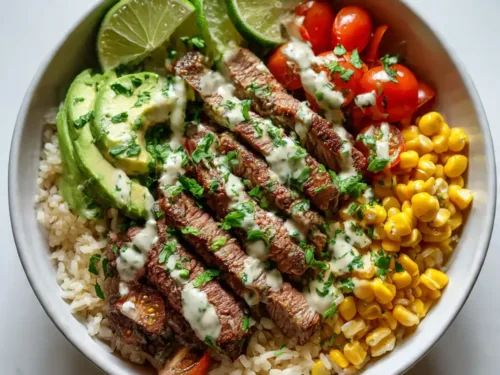 Cilantro lime steak bowl with colorful toppings