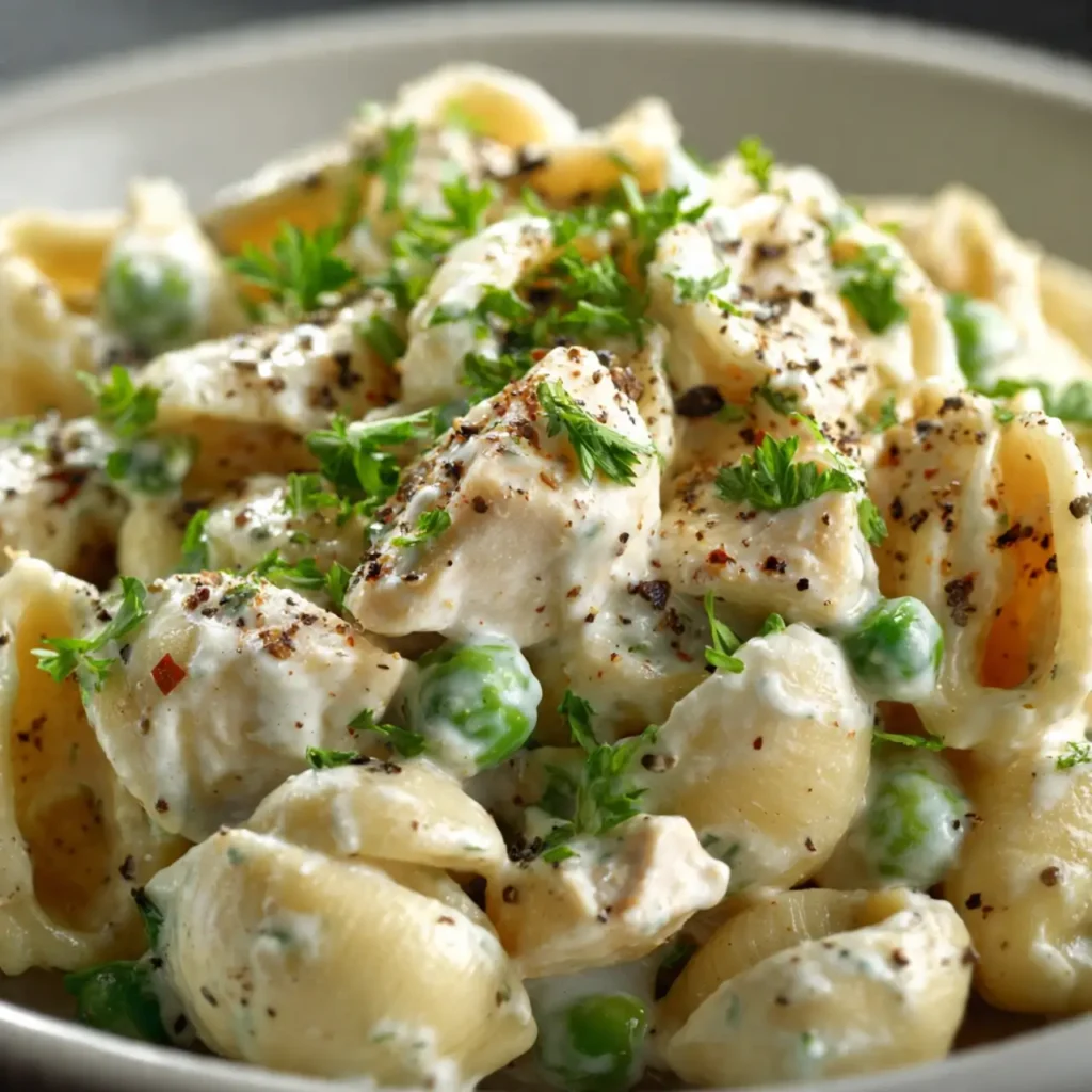 Overhead shot of Creamy Protein Pasta Bowl in 15 Minutes on a rustic table with herbs