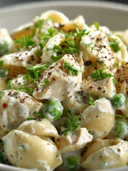 Overhead shot of Creamy Protein Pasta Bowl in 15 Minutes on a rustic table with herbs