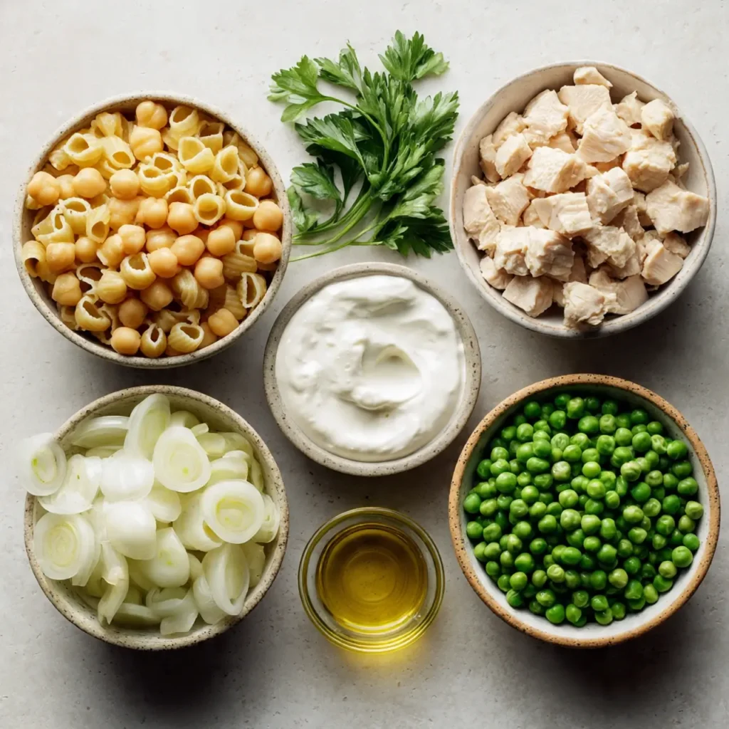 Ingredients laid out for making Creamy Protein Pasta Bowl in 15 Minutes