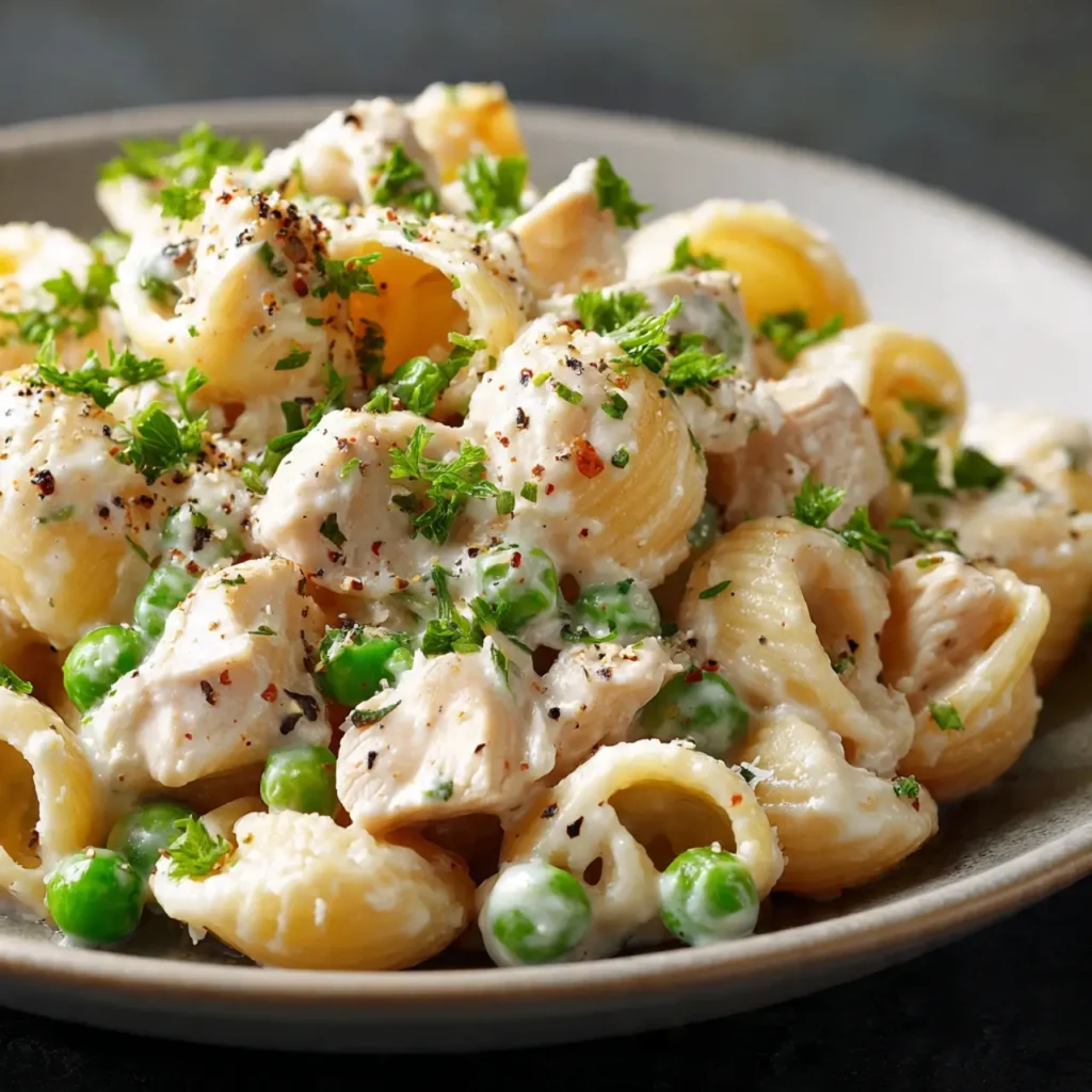 Plated Creamy Protein Pasta Bowl garnished with parsley and pepper