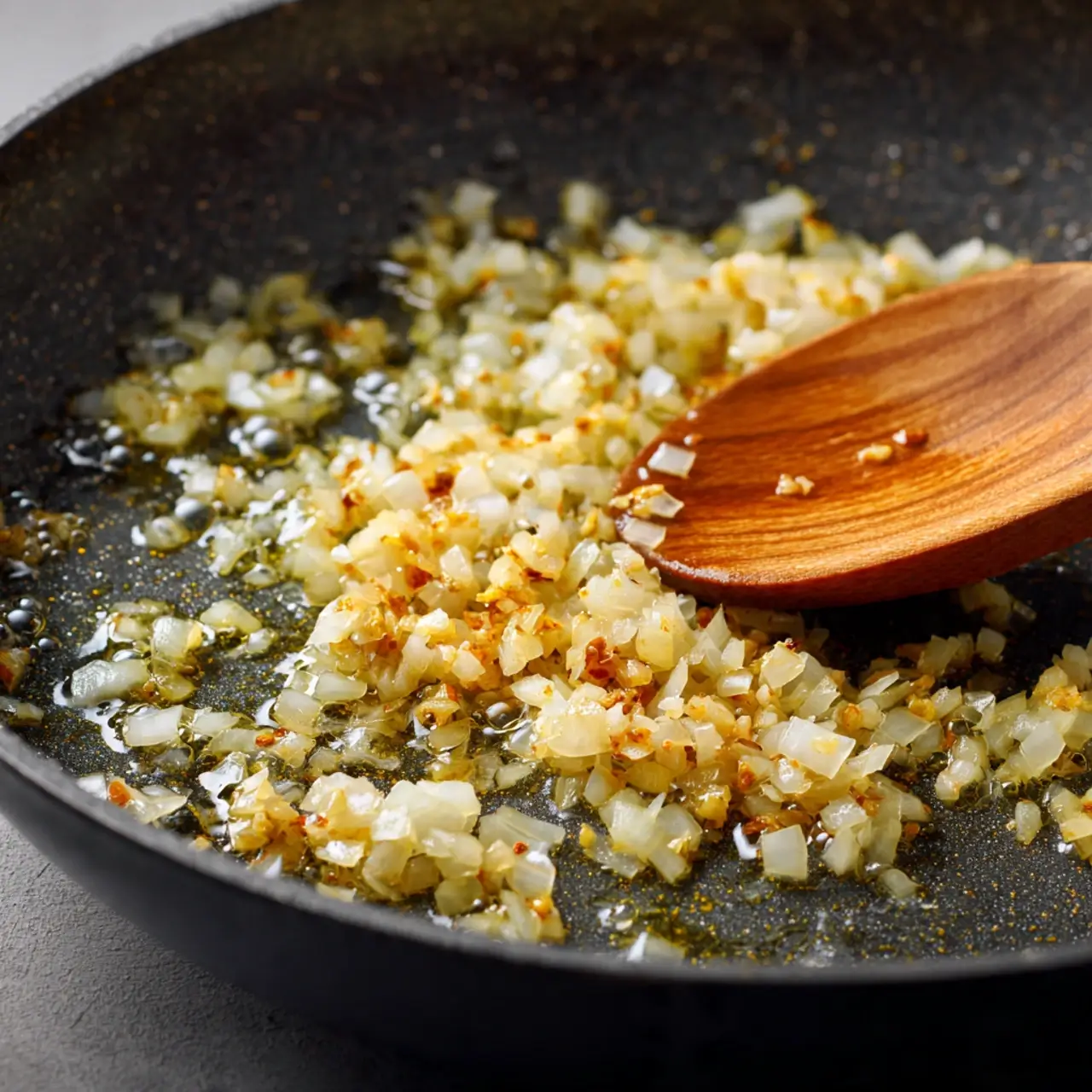 creamy-protein-pasta-bowl-in-15-minutes-step2 Onions and garlic sautéing in pan for protein pasta bowl recipe