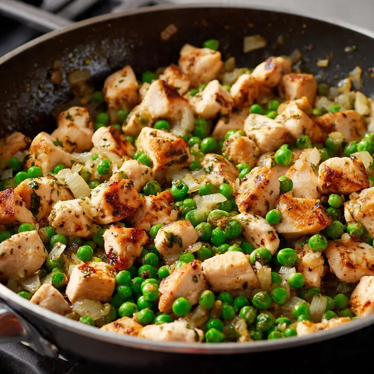 creamy-protein-pasta-bowl-in-15-minutes-step3 Chicken and peas cooking in skillet for Creamy Protein Pasta Bowl