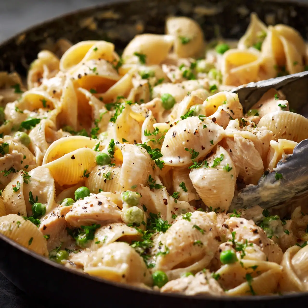 creamy-protein-pasta-bowl-in-15-minutes-step5 Tossing cooked pasta with creamy sauce in skillet