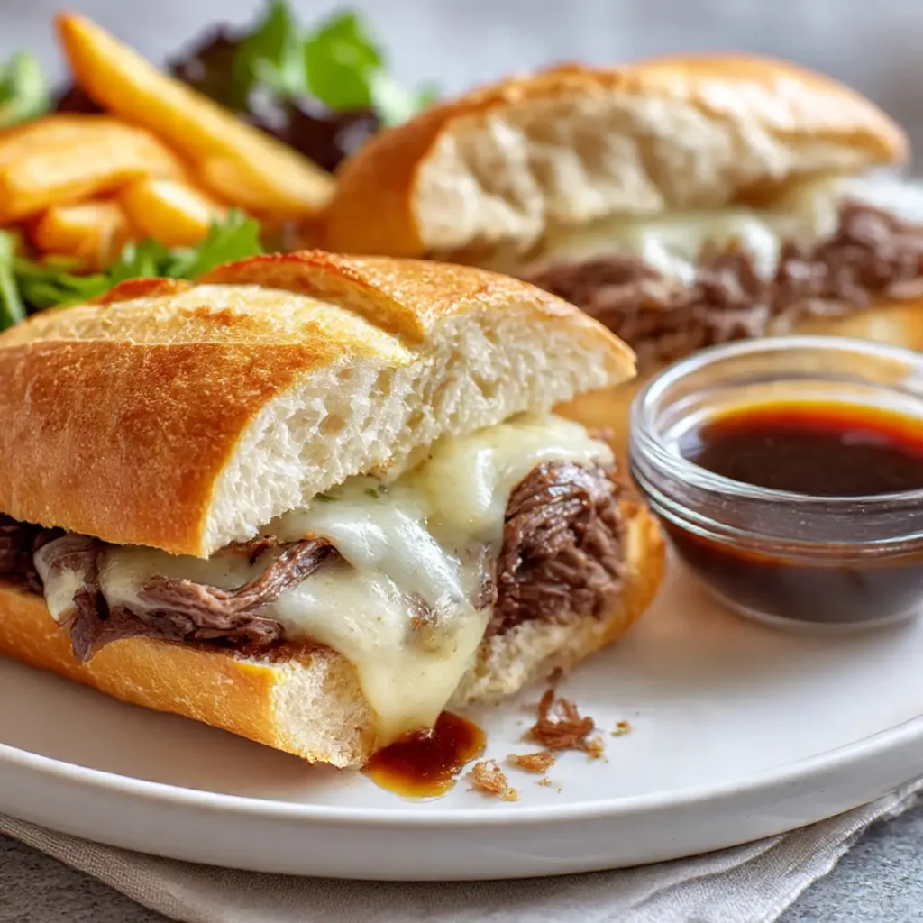 Crock Pot French Dip Sandwich with melted cheese and au jus
