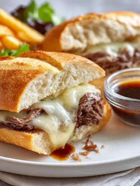 Crock Pot French Dip Sandwich with melted cheese and au jus