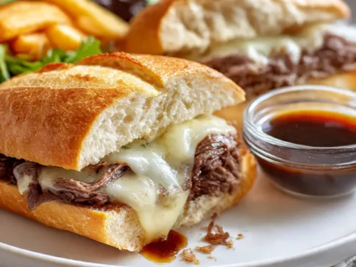Crock Pot French Dip Sandwich with melted cheese and au jus