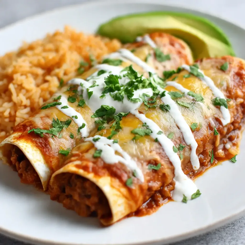 Served Enchiladas with Rice and Garnishes