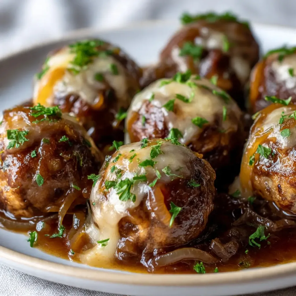 French Onion Meatballs with Savory Onion Sauce in skillet