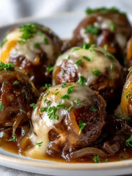 French Onion Meatballs with Savory Onion Sauce in skillet