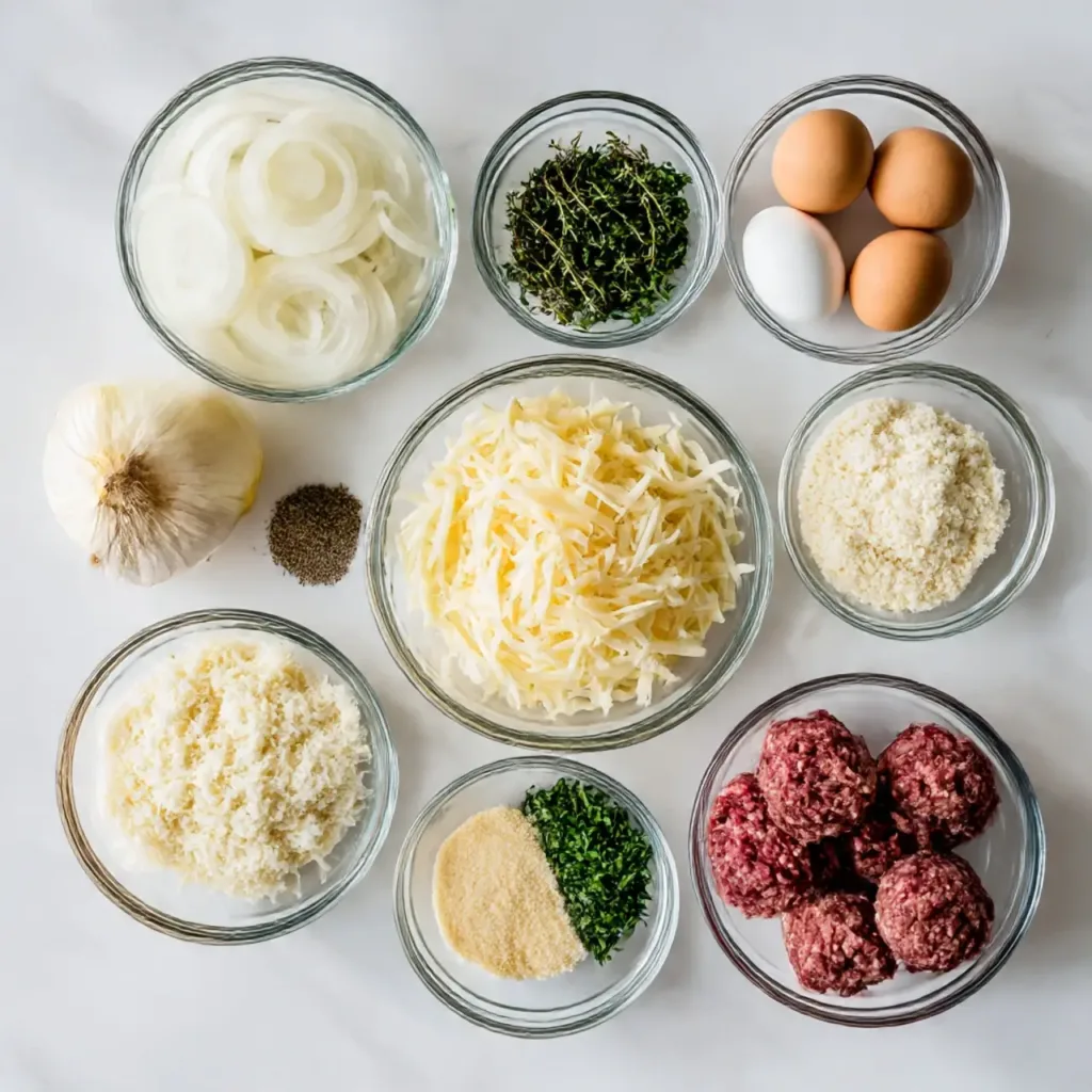 Ingredients for French Onion Meatballs with Savory Onion Sauce