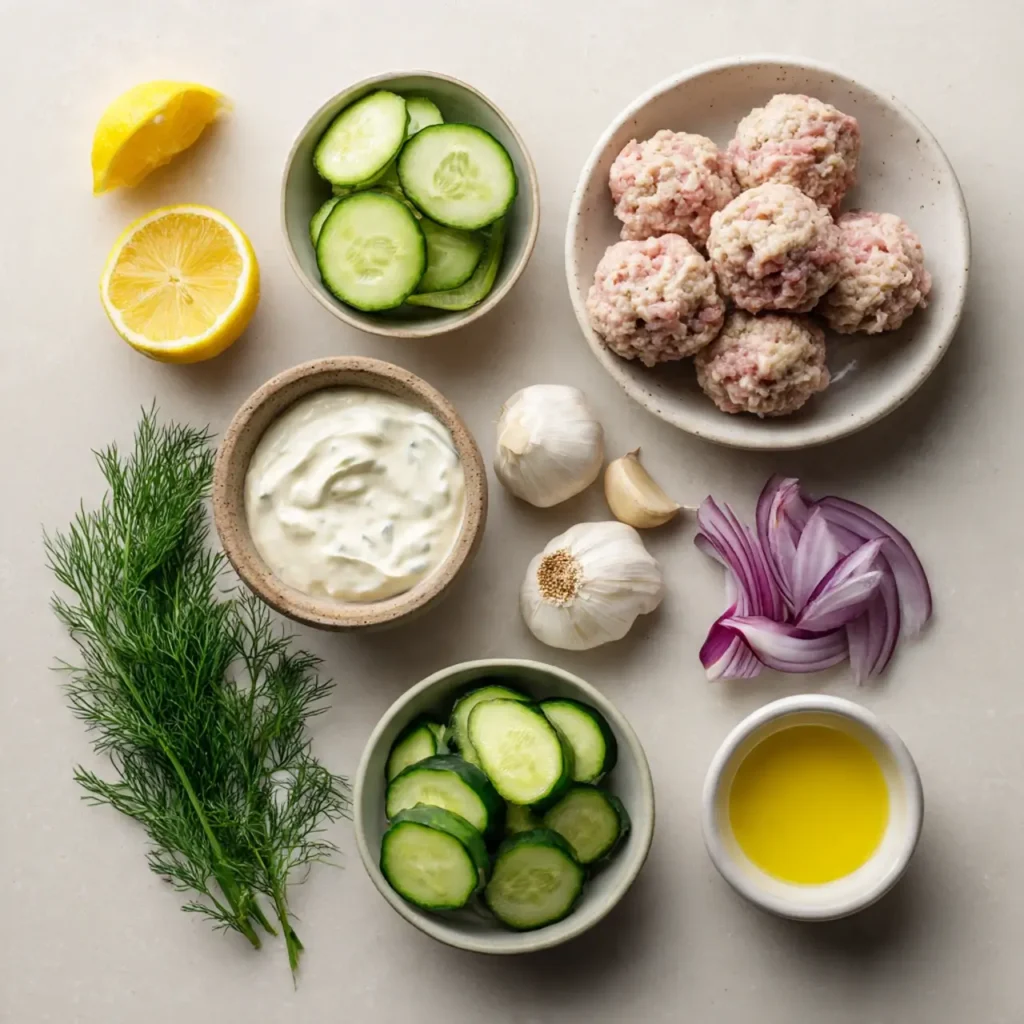 Ingredients for Greek turkey meatballs and tzatziki sauce