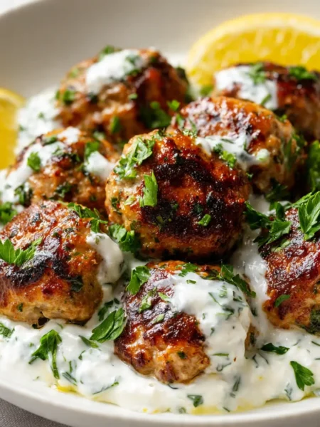 Savory Greek Turkey Meatballs Paired with Creamy Tzatziki Sauce
