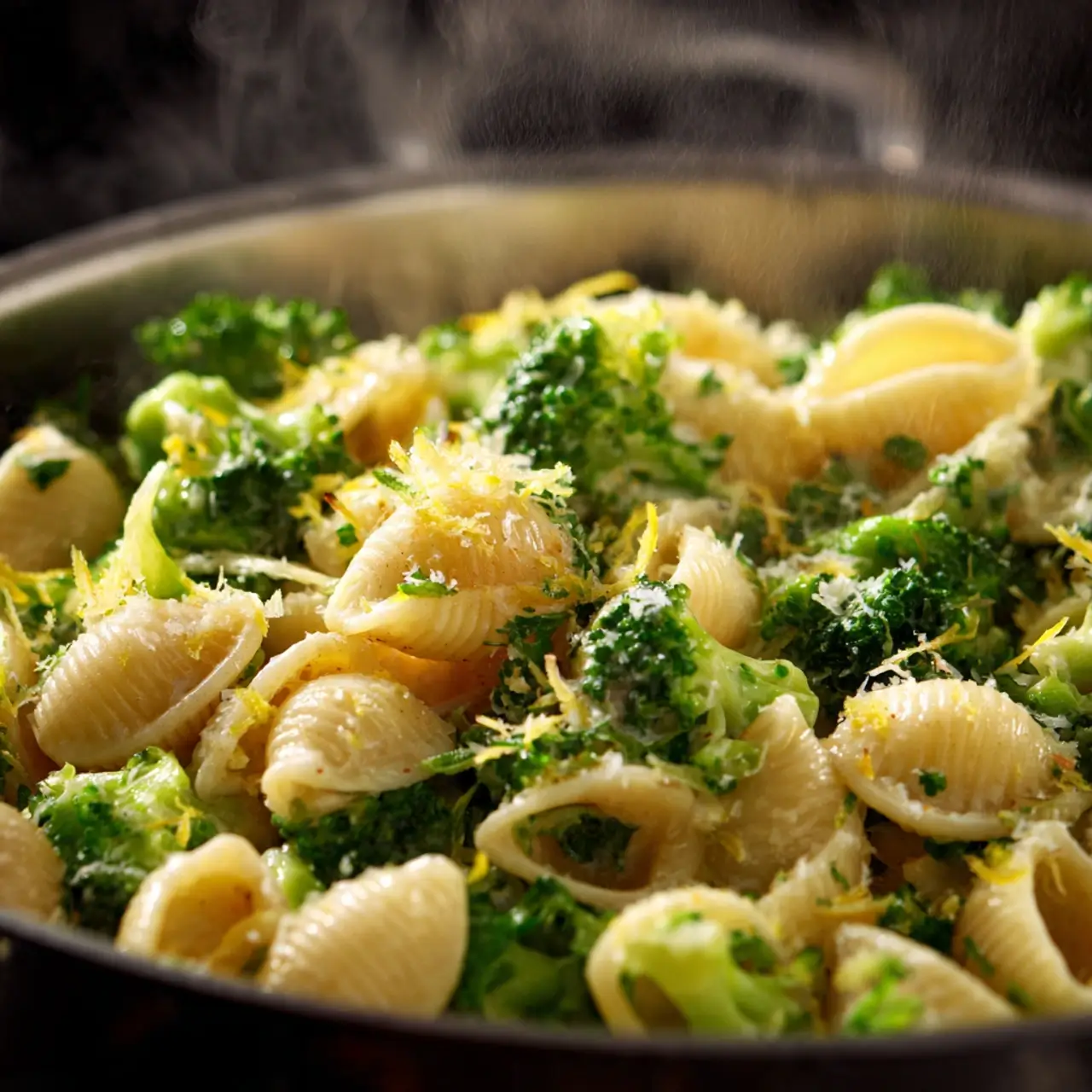 tossing-broccoli-pasta Tossing broccoli pasta in pot with lemon