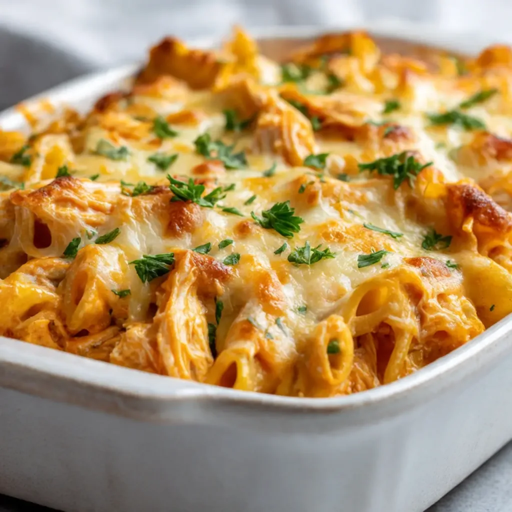 Baked Buffalo Chicken Pasta in white dish