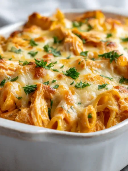 Baked Buffalo Chicken Pasta in white dish