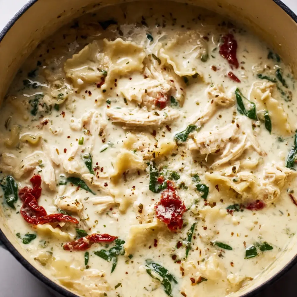 Noodles cooking in creamy white lasagna soup