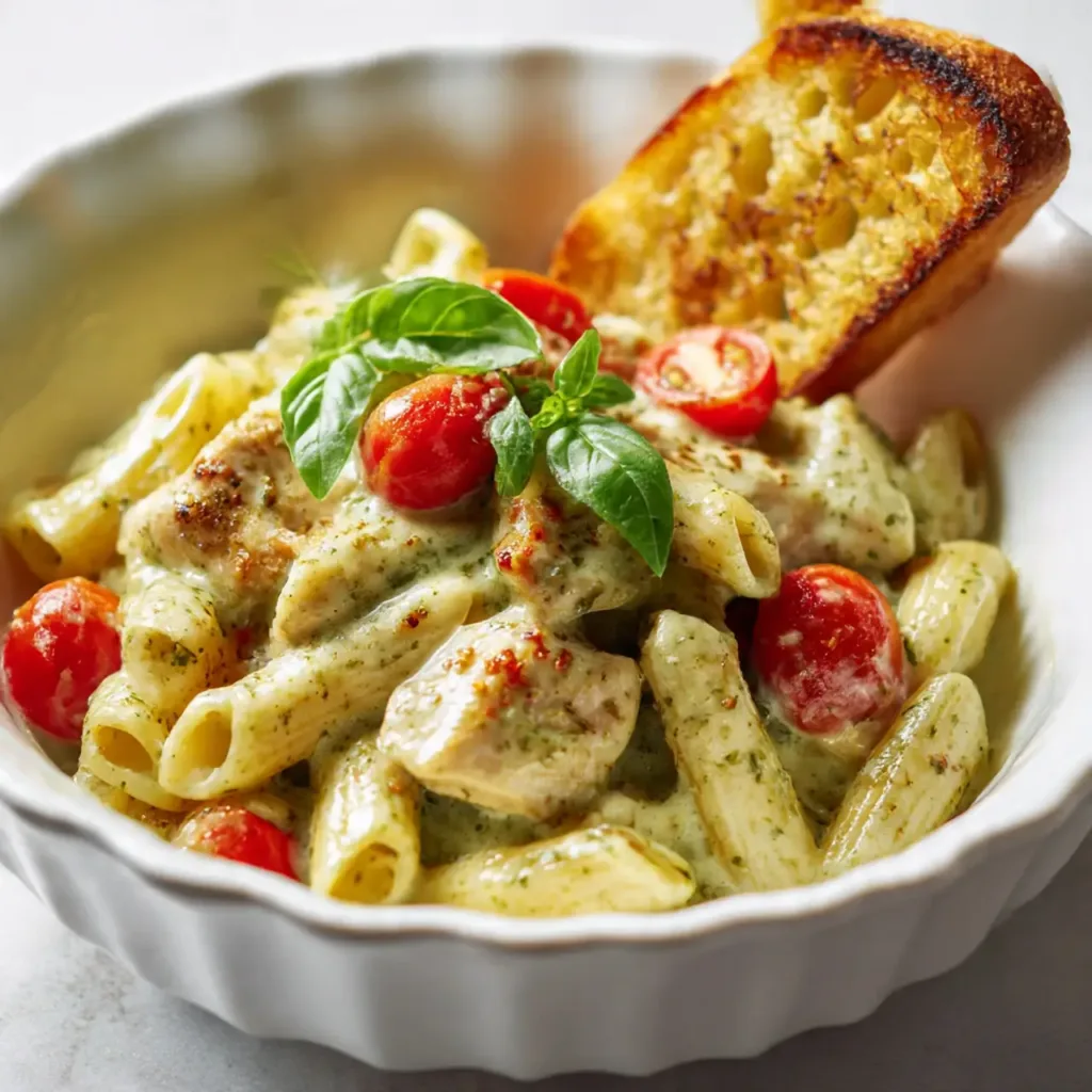 Served creamy pesto chicken pasta with garlic bread