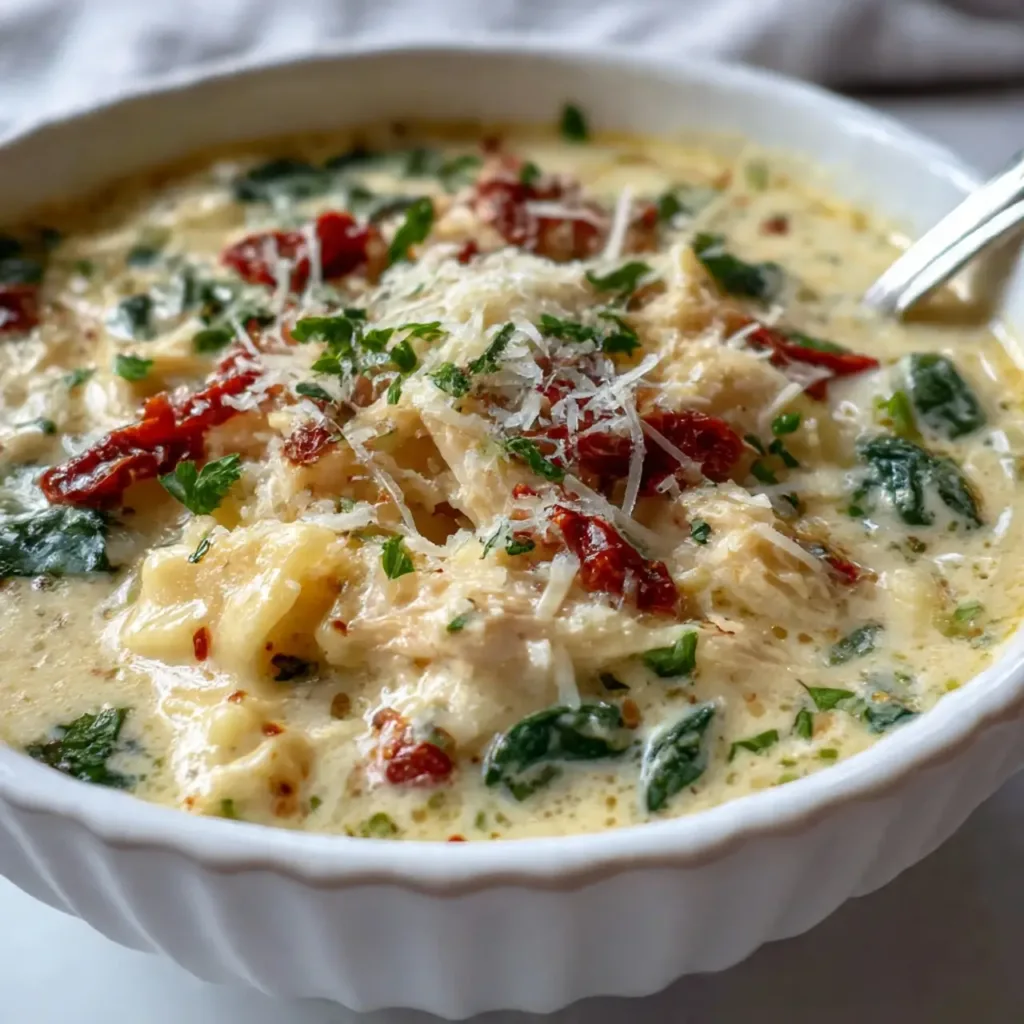 White Lasagna Soup with creamy cheese and spinach